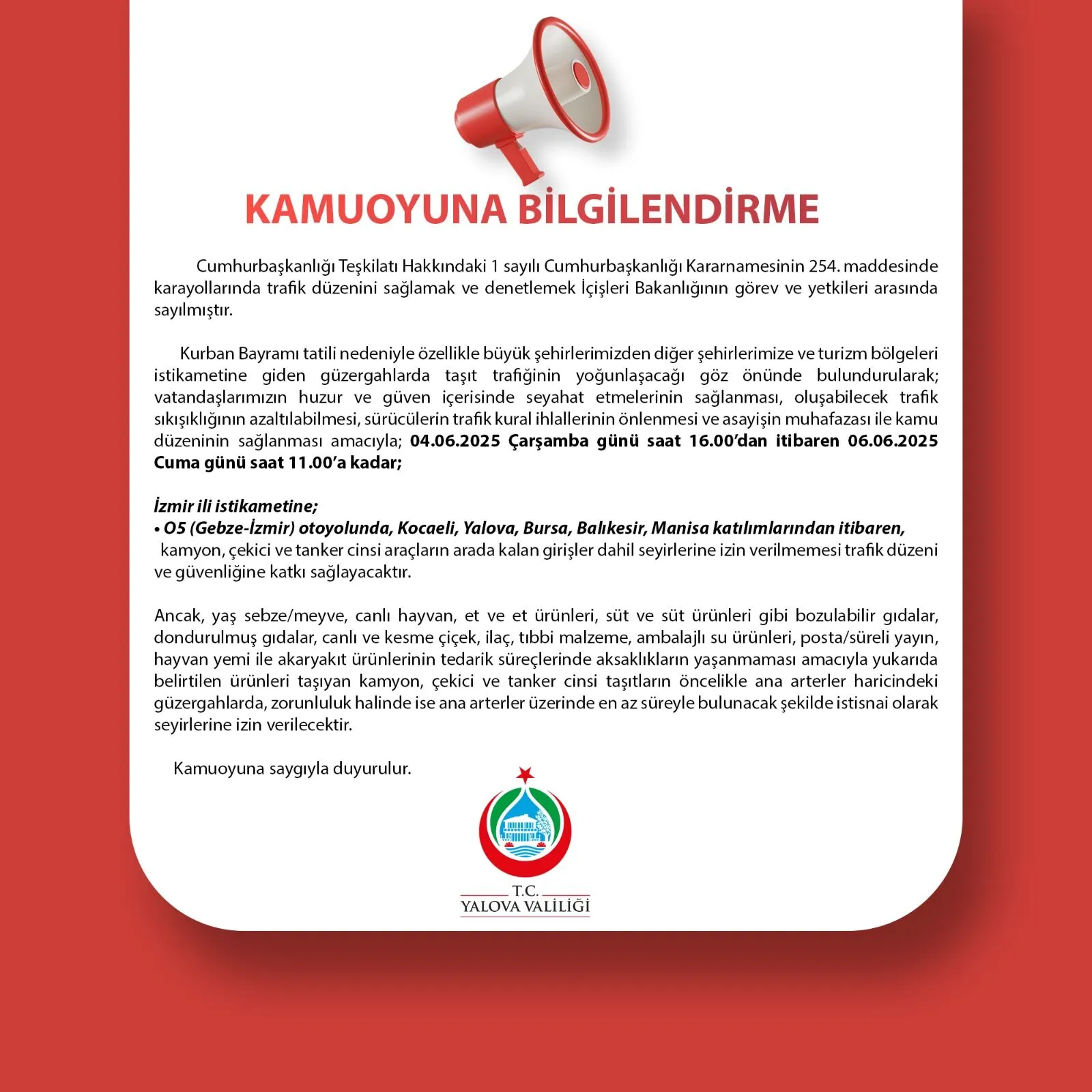 Kurban Bayramı Tedbirleri: Yalova Valiliği’nden Trafik Yoğunluğuna Karşı Kamyon ve Tanker Yasağı 4 Kurban Bayramı Tedbirleri: Yalova Valiliği’nden Trafik Yoğunluğuna Karşı Kamyon ve Tanker Yasağı