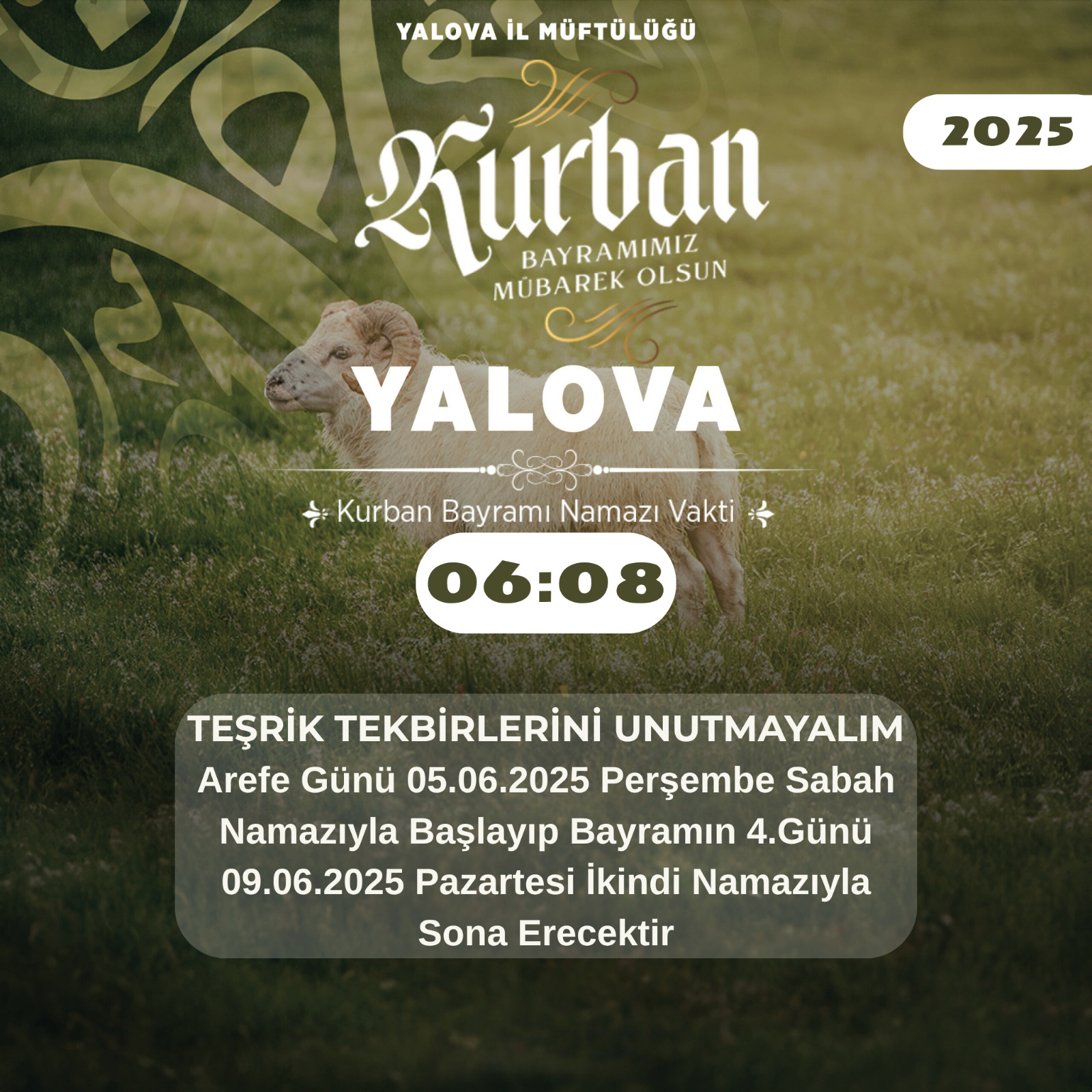 YALOVA İL MÜFTÜLÜĞÜ’NDEN KURBAN BAYRAMI AÇIKLAMASI: “TEŞRİK TEKBİRLERİNİ UNUTMAYALIM”