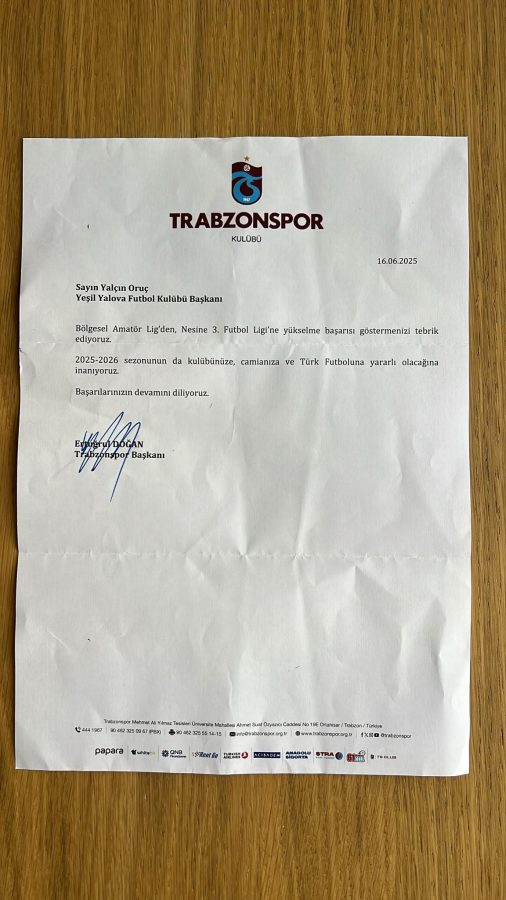 TRABZONSPOR BAŞKANI DOĞAN’DAN YEŞİL YALOVA FK’YA TEBRİK MESAJI