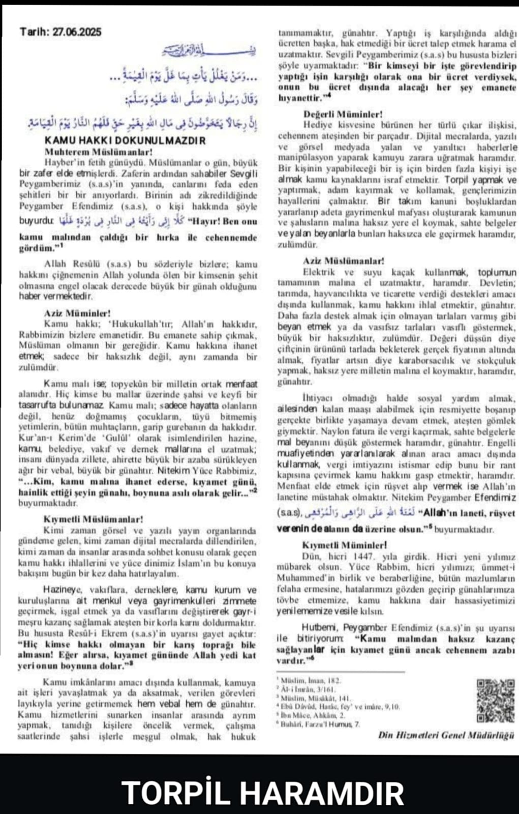 Diyanet’ten Kamu Vicdanına Seslenen Cuma Hutbesi: “Torpil, Yalan Haber, Naylon Fatura Haramdır”