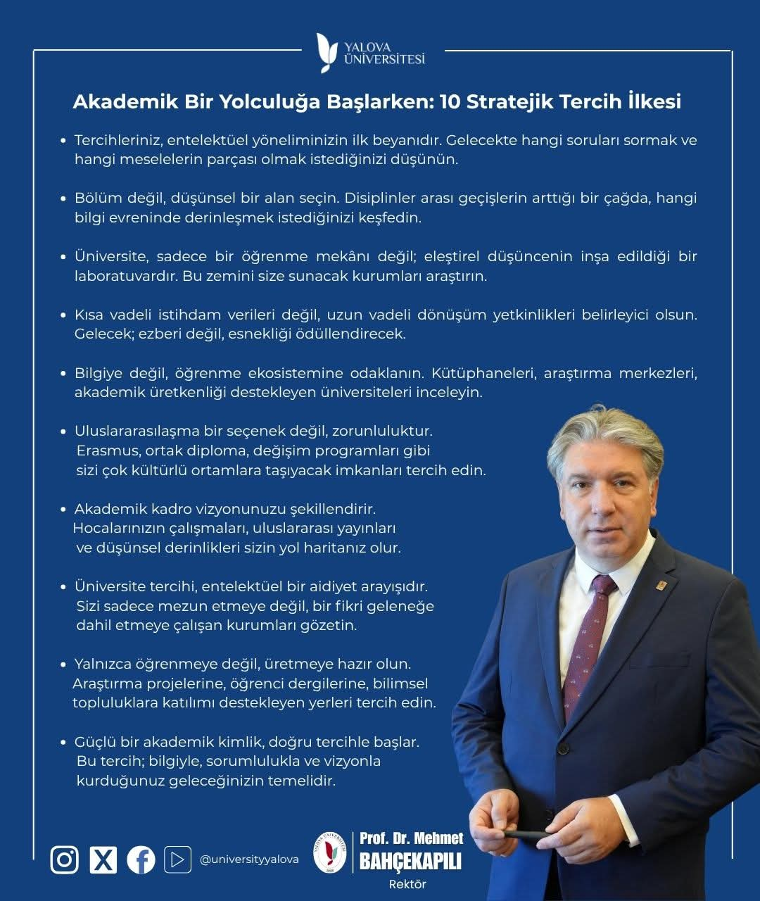 Yalova Üniversitesi Rektörü Prof. Dr. Mehmet Bahçekapılı’dan Aday Öğrencilere Yol Gösteren 10 Stratejik Tercih İlkesi
