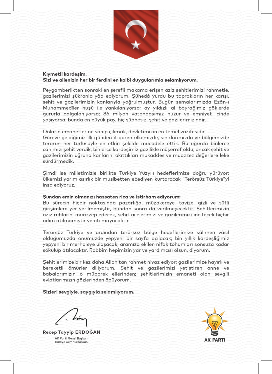 Cumhurbaşkanı Erdoğan’dan şehit ve gazi ailelerine anlamlı mektup: “Hiçbir tavize, gizli girişime yer verilmemiştir”