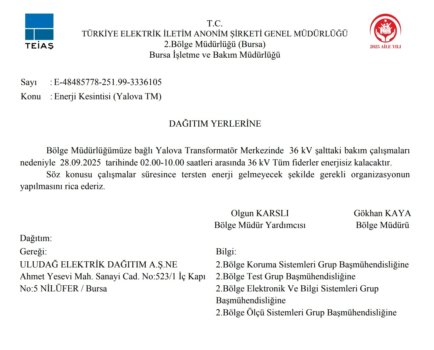 Yalova’da 28 Eylül’de geniş kapsamlı elektrik kesintisi