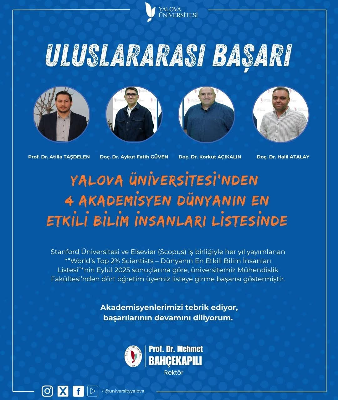 Yalova Üniversitesi’nden 4 Akademisyen Dünyanın En Etkili Bilim İnsanları Listesinde