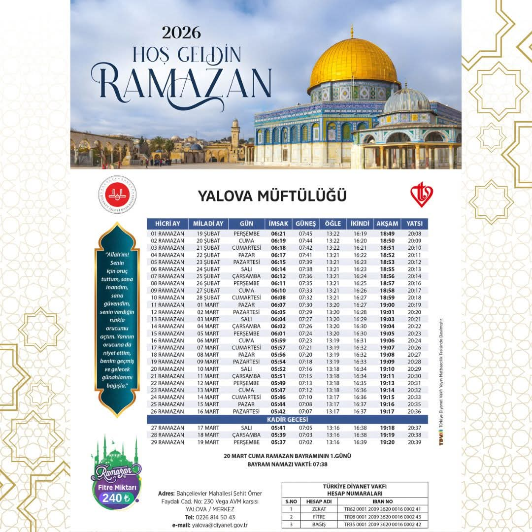 2026 Ramazan İmsakiyesi — Yalova Sahur ve İftar Vakitleri 4 2026 Ramazan İmsakiyesi — Yalova Sahur ve İftar Vakitleri