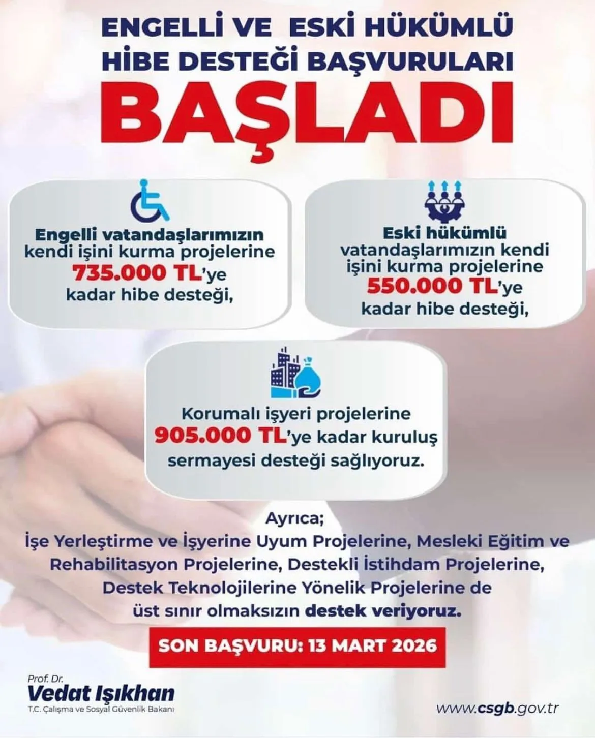 Engelli ve Eski Hükümlülere 2026 Hibe Desteği Başladı! 905 Bin TL’ye Kadar Destek Verilecek