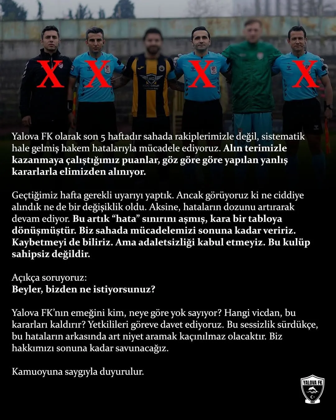 Yalova FK’dan Hakem Kararlarına Sert Tepki: “Artık Hata Değil, Sistematik Bir Sorun”