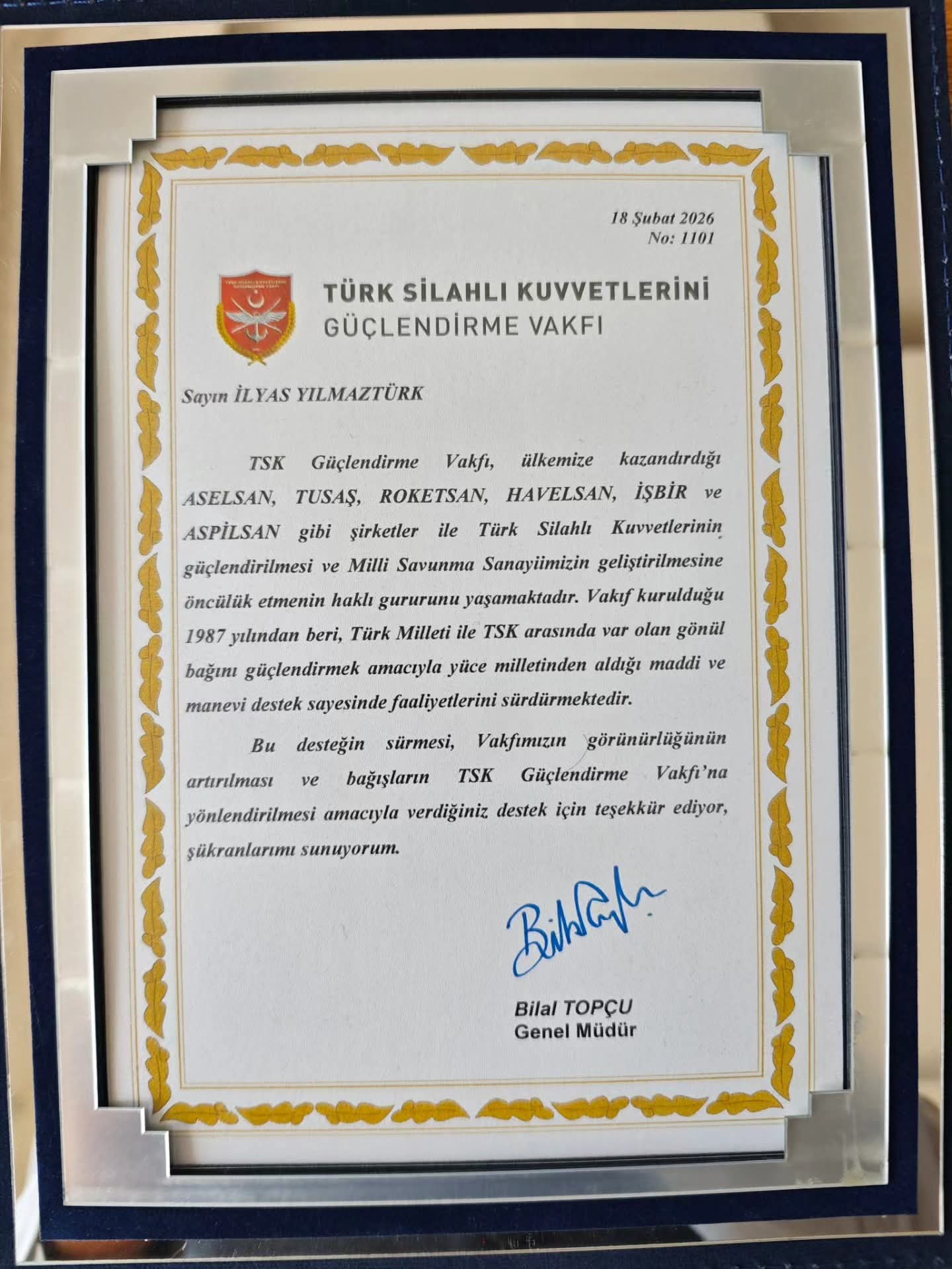 TSK Güçlendirme Vakfı’ndan Yalova’da Anlamlı Teşekkür: Hayırsever Mehmet Dalkun’a Belge Takdimi