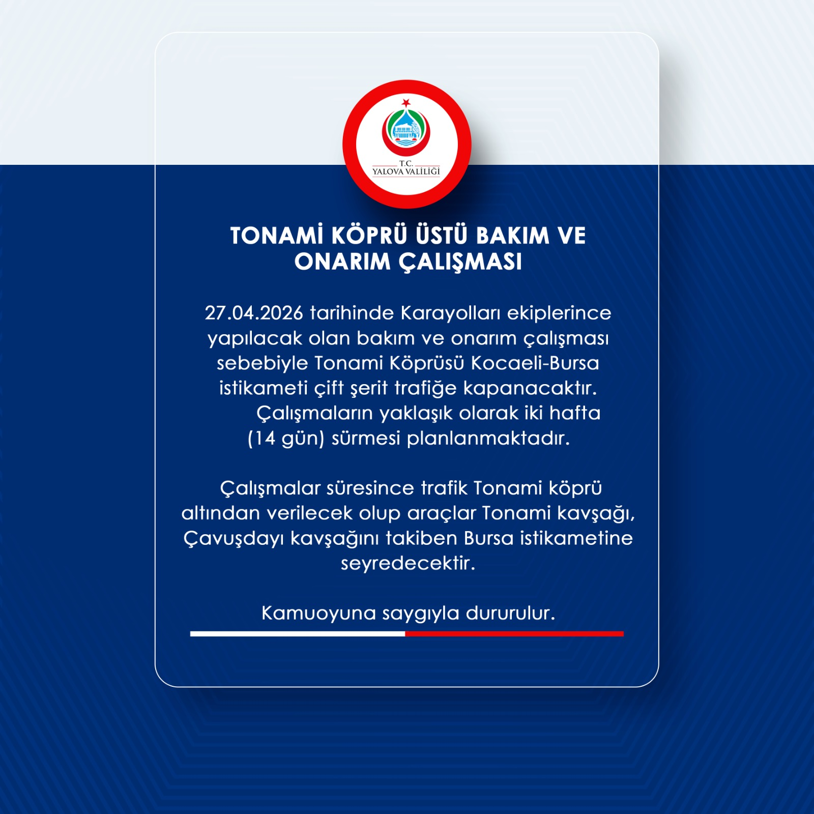 Yalova Tonami Köprü Üstü Bakım ve Onarım Çalışması