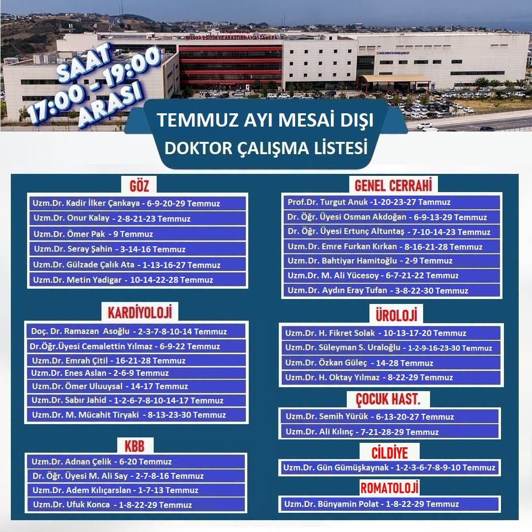 Yalova Eğitim ve Araştırma Hastanesi’nde Temmuz Ayı Mesai Dışı Poliklinik Hizmeti Başladı