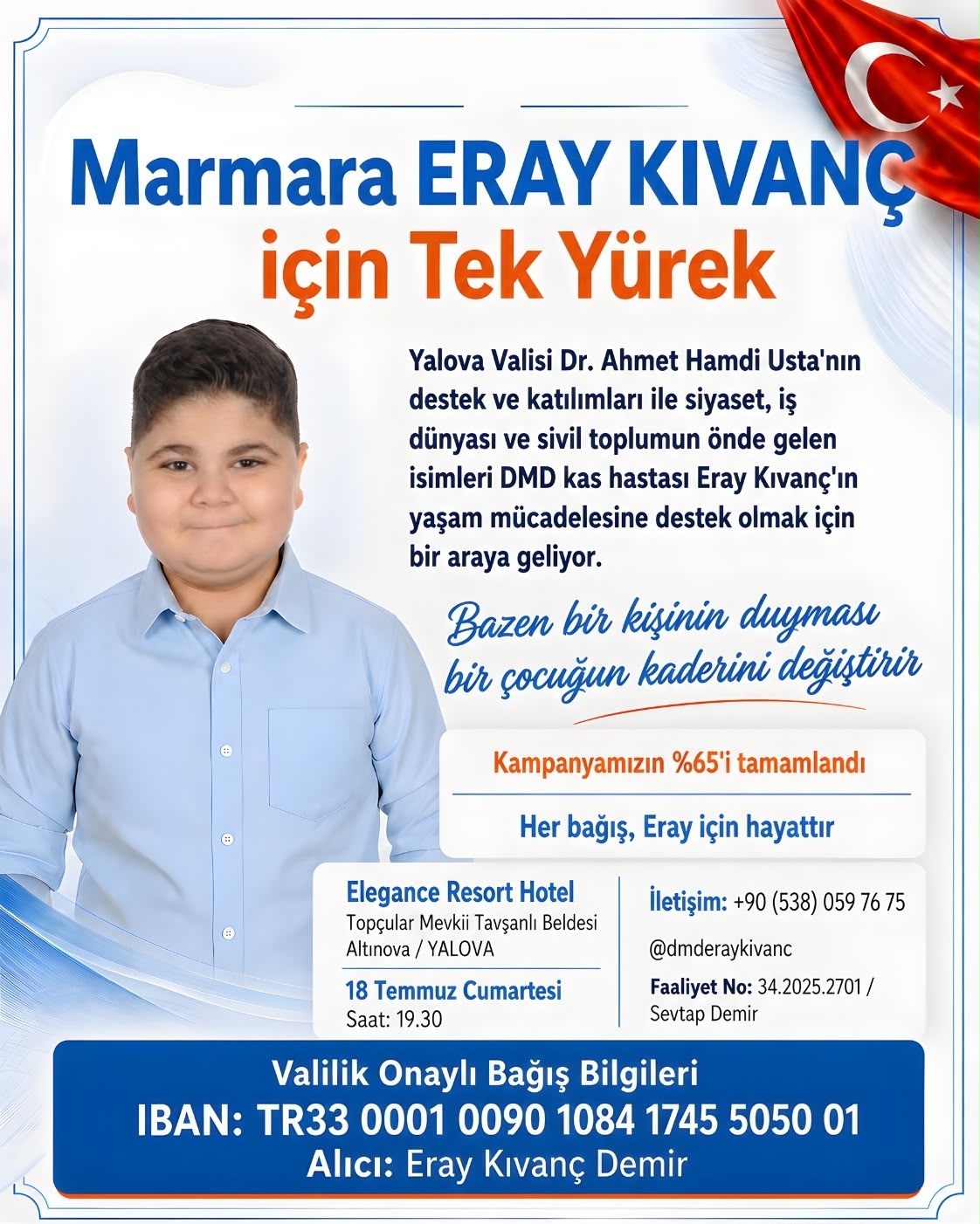 Marmara Bölgesi Eray Kıvanç İçin Kenetlendi: Yalova’da DMD Hastası Çocuk Yararına Yardım Gecesi Düzenlenecek