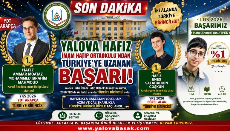 Yalova Hafız İmam Hatip Ortaokulu'ndan Çifte Türkiye Birinciliği! YKS 2026 ve LGS'de Büyük Başarı 1 Yalova Hafız İmam Hatip Ortaokulu'ndan Çifte Türkiye Birinciliği! YKS 2026 ve LGS'de Büyük Başarı