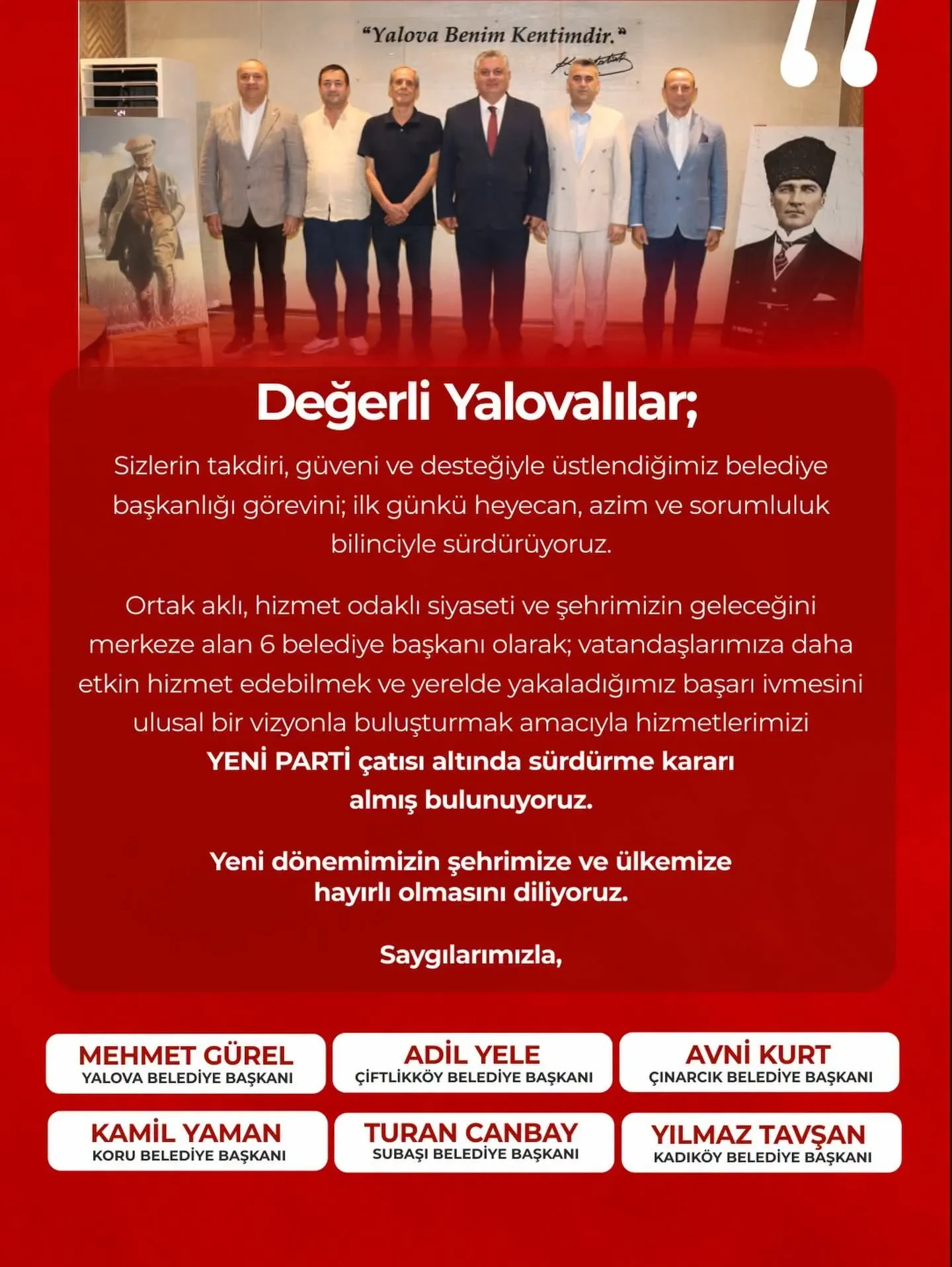 Yalova Siyasetinde Tarihi Değişim: 6 Belediye Başkanı Yeni Parti'ye Katıldı 4 Yalova Siyasetinde Tarihi Değişim: 6 Belediye Başkanı Yeni Parti'ye Katıldı